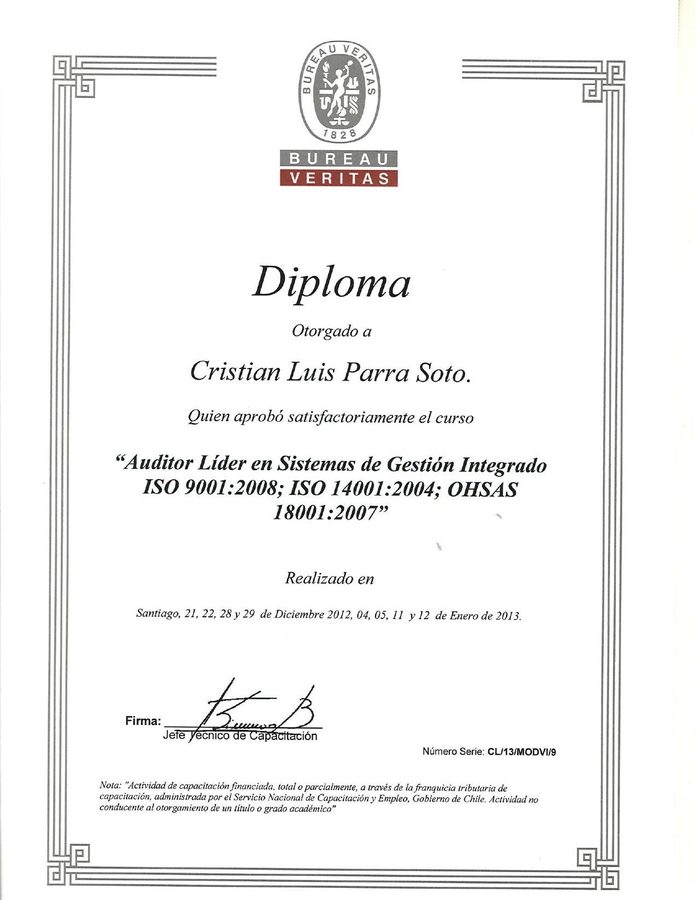 Certificado Bureau Veritas - Auditor Líder SGI