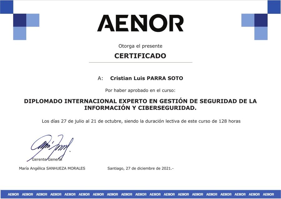 Certificado AENOR - Experto en Seguridad de la Información y Ciberseguridad