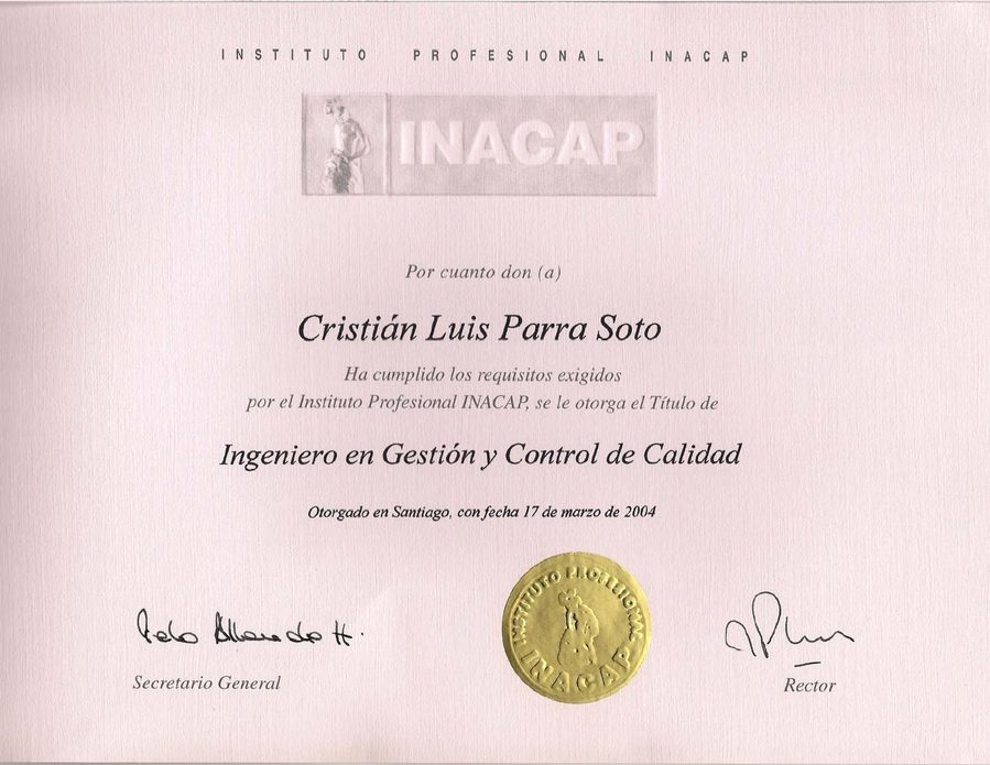 Certificado INACAP - Ingeniería en Gestión y Control de Calidad