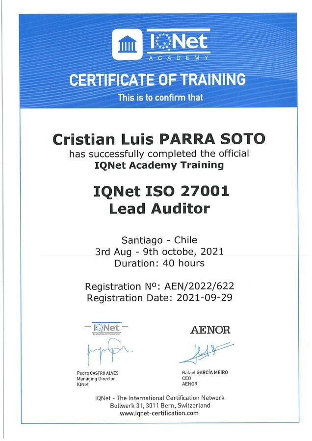 Certificado IQNet - Auditor Líder ISO 27001