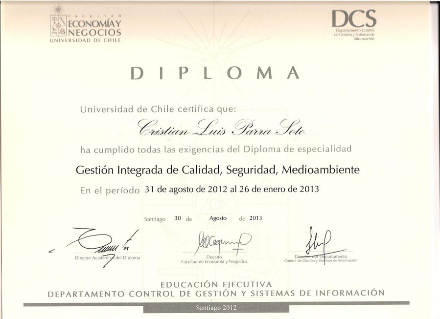 Certificado Universidad de Chile - Gestión Integrada de Calidad, Seguridad y Medio Ambiente